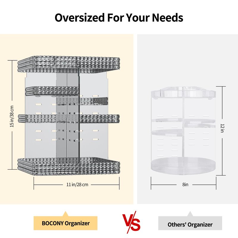 BOCONY Rotating Makeup Organizer, Large Capacity Cosmetic Display Case, Acrylic Skincare Organizer with Brush Holder, Makeup Storage Organizer for Dresser Countertop and Bathroom Vanity - Black