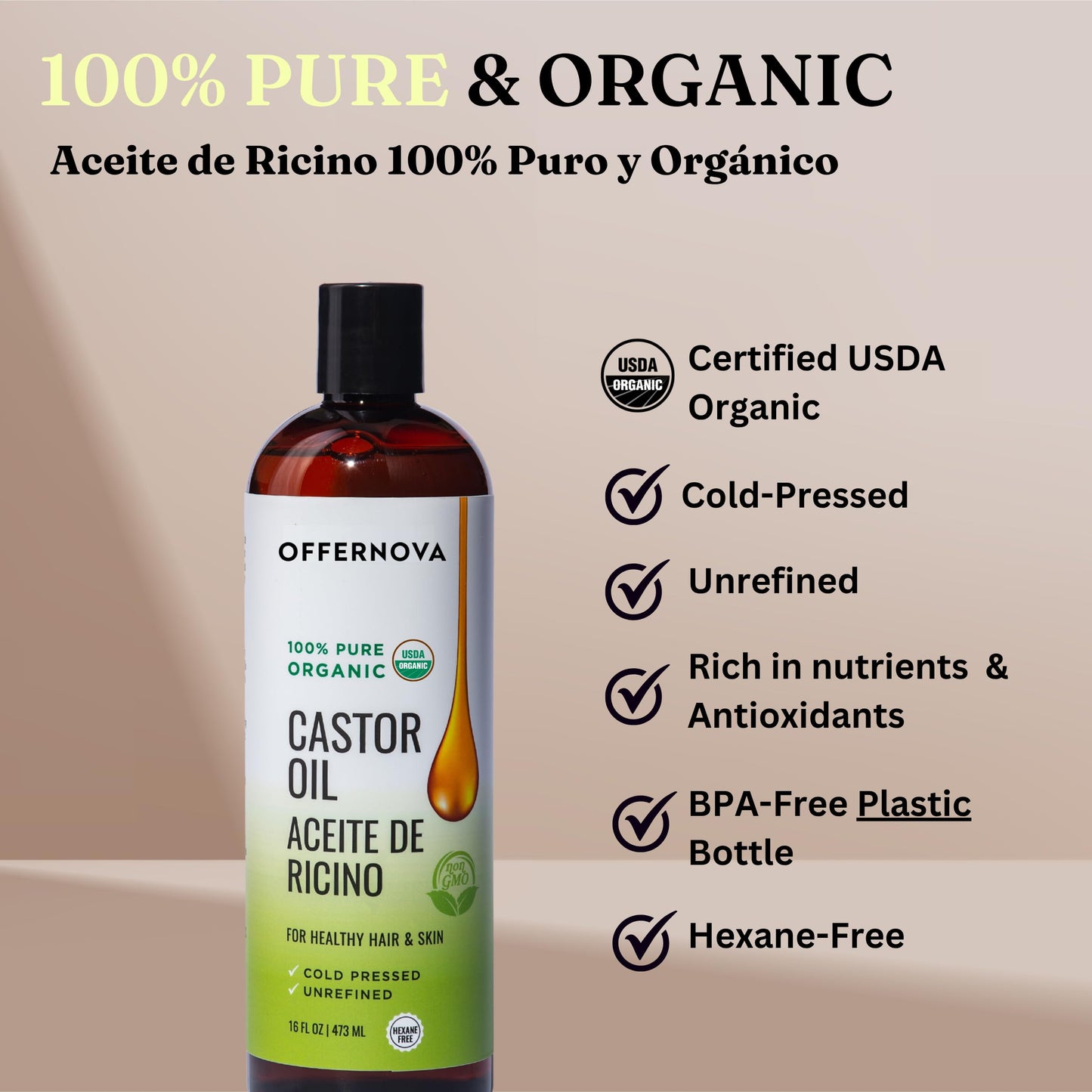 Offernova Castor Oil 16 OZ- Aceite de Ricino - Cold Pressed 100% Pure, Certified Organic, Hexane Free for Eyelashes, Eyebrows, Frizzy, Hair Growth Women and Men, Beard Growth