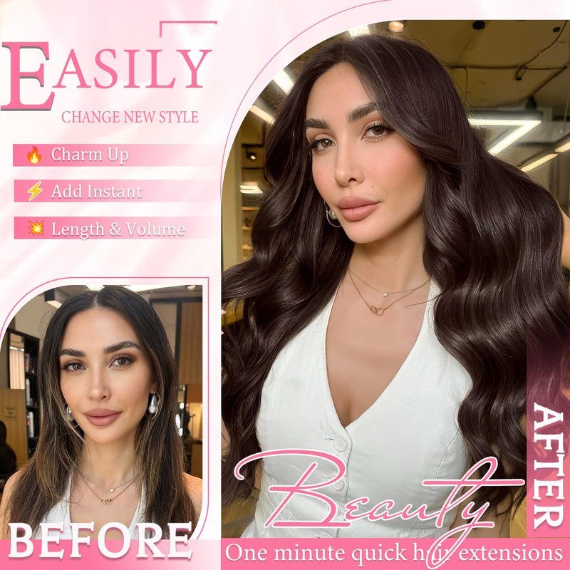 Real Human Hair Clip-In Extensions - Seamless Invisible 8Pcs Double Weft Dark Brown 14 Inch 80g