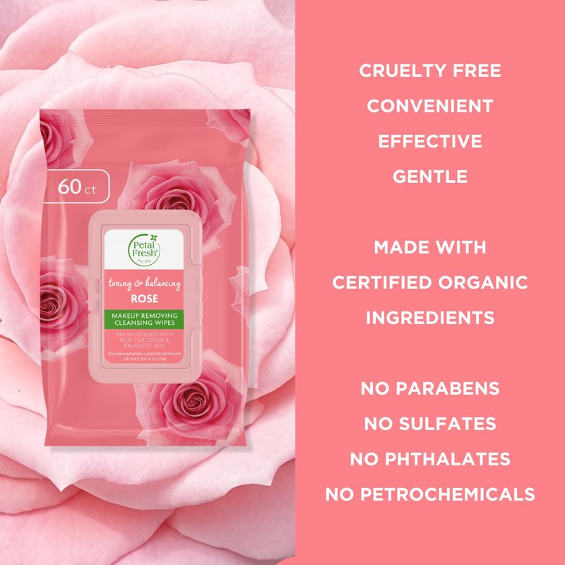 Petal Fresh Pure Brightening Rose Makeup Removing, Cleansing Towelettes, Gentle Face Wipes, Daily Cleansing, Vegan and Cruelty Free, 60 count
