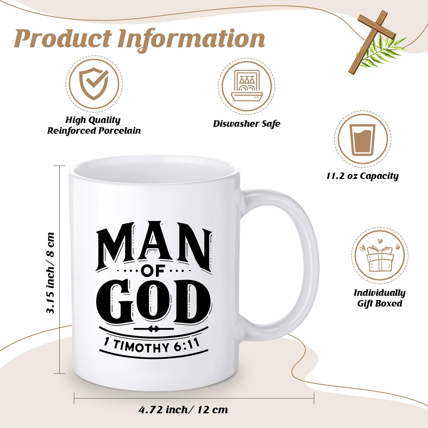 Shinylin 3 Pcs Father's Day Man of God Gifts for Men Christian 11.2oz Inspirational Coffee Mug Religious Bible Verse Leather Toiletry Bag Scripture Keychain for Dad Pastors Church Gift(Classic Color)