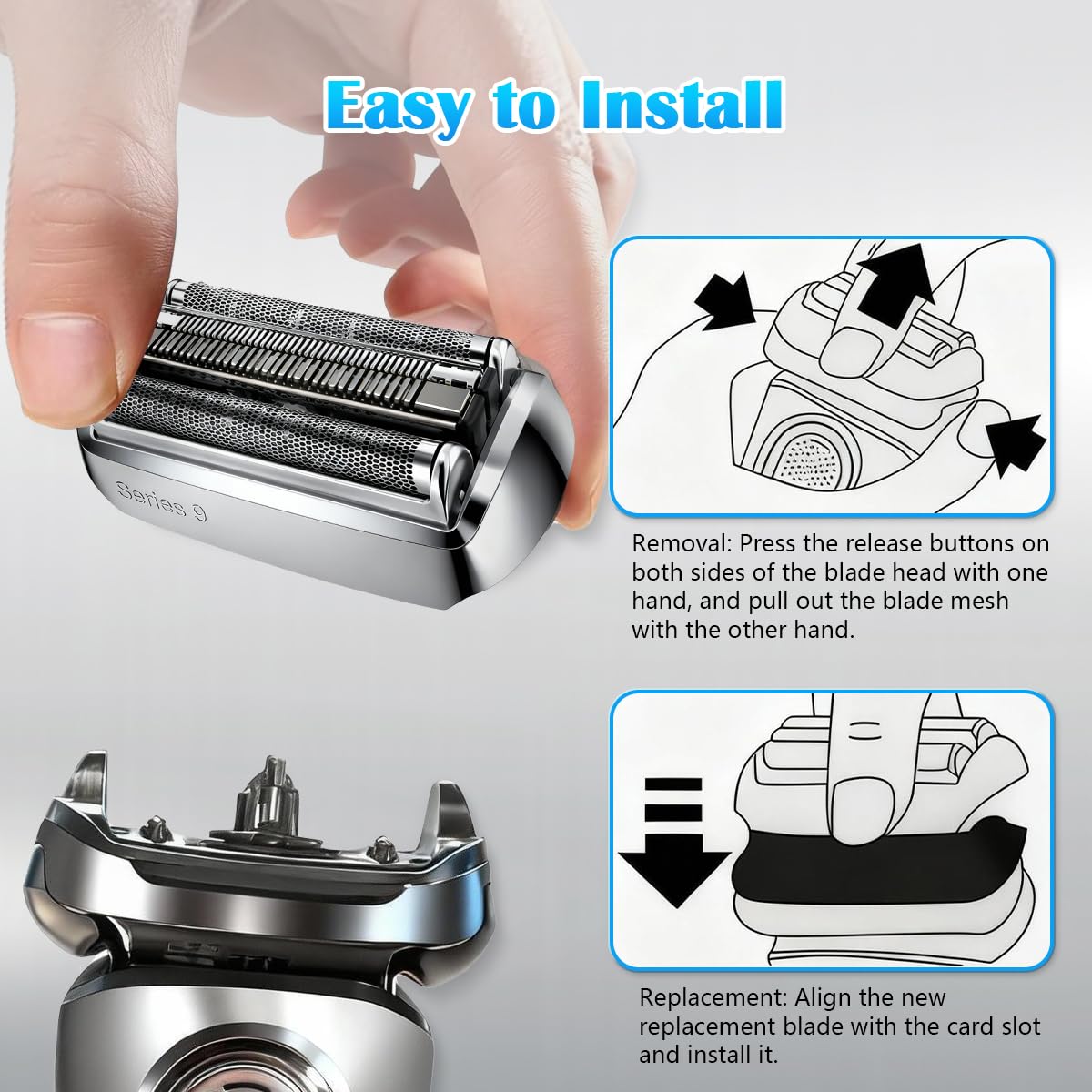 THORIFLY 92S Series 9 Replacement Head, Foil Shaver Replacement Head Compatible with All Braun Series 9 Electric Shavers, Fits 9477cc 9330s 9465cc 9460cc 9419s 9390cc 9385cc (Silver) (92S)