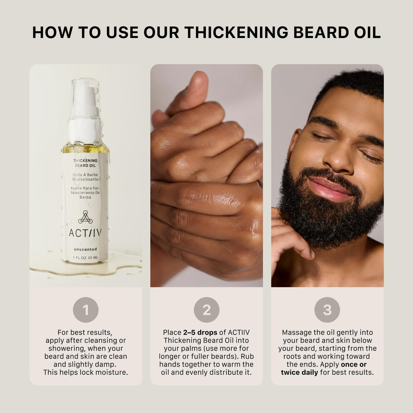 ACTIIV Thickening Beard Oil (Unscented) | Promotes Thicker Fuller Beard Growth, Nourishes & Softens Facial Hair, Lightweight Non-Greasy Formula, Vegan, Plant-Based, All Beard Types, 30 mL / 1 oz
