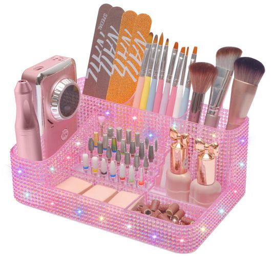 ANRUI Nail Drill Bit Holder, 28 Holes Plastic Nail Drill Machine & Bits Storage Case, Professional Nail Desk Organizer for Manicure Tools Gift for Women and Girls- Diamond Pink