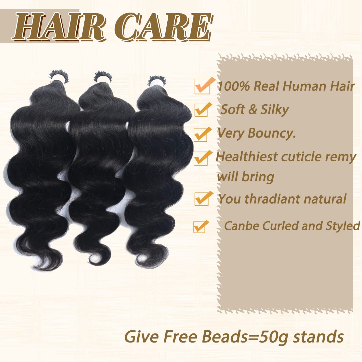 Remy I Tip Hair Extensions Human Hair for Black Women, Natural Black Body Wave Hair Extensions 18inch Cold Fusion Stick Tip Extension 2-3 Pack Full Ends 50G/50S