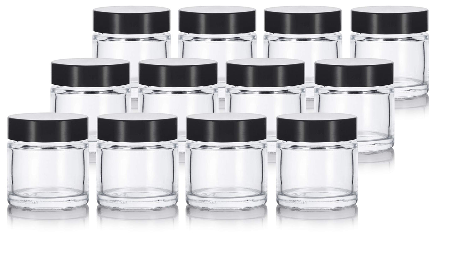 1 oz / 30 ml Clear Thick Wall Glass Jar with Black Lids (12 Pack) Airtight, Smell Proof