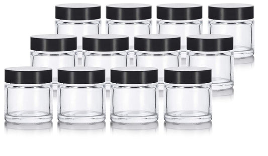 1 oz / 30 ml Clear Thick Wall Glass Jar with Black Lids (12 Pack) Airtight, Smell Proof
