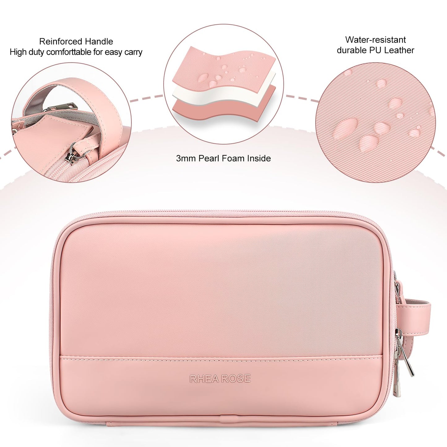 Rhea Rose Toiletry Bag for Women, Makeup Travel Bag Organizer, Large Bathroom Cosmetic bag, Traveling Dopp Kit Accessories Shower Bag, Pink