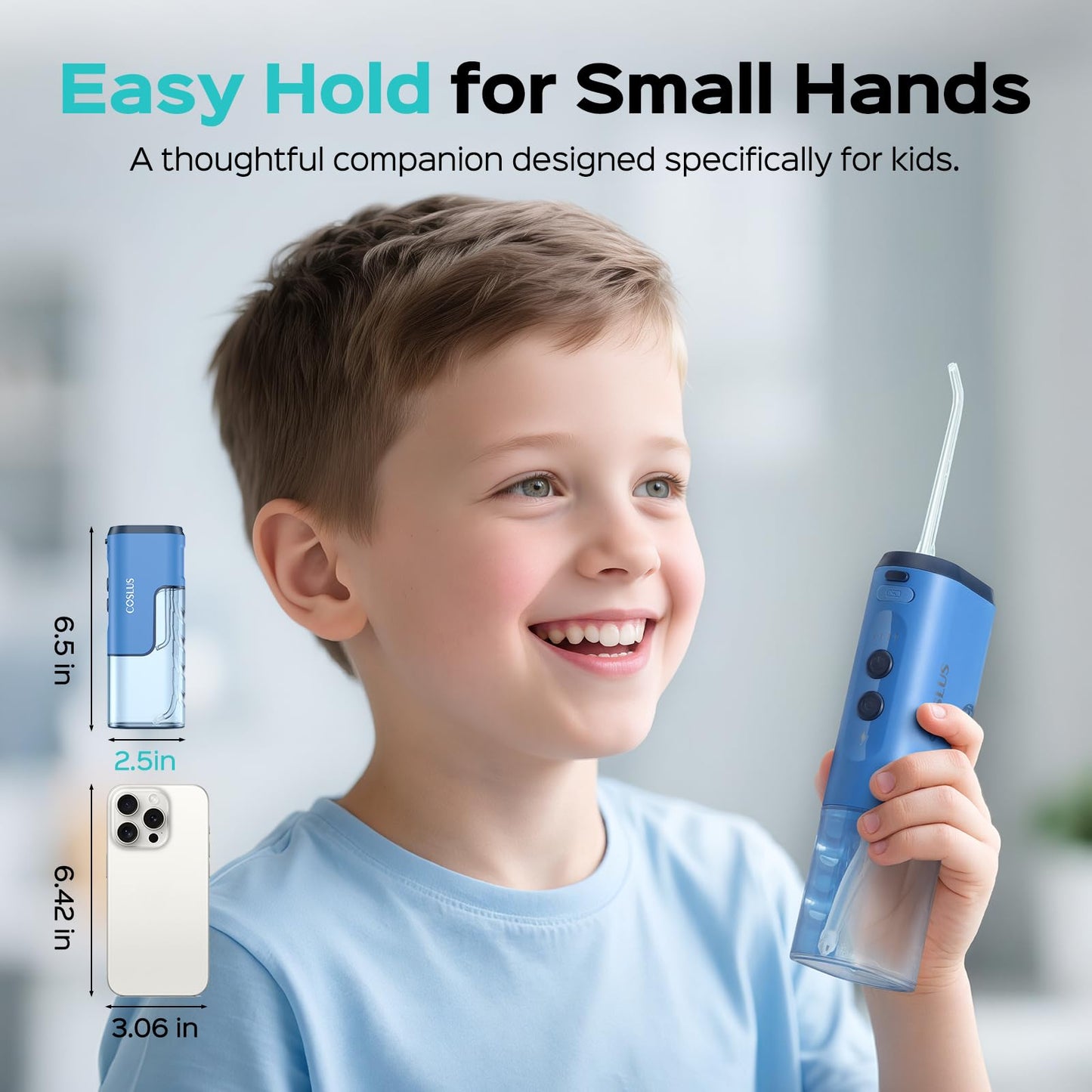 COSLUS T40 Portable Water Flosser for Kids: 4 Gentle Modes for Ages 6+, Braces & Sensitive Teeth - with Fun DIY Stickers, 4 Storable Nozzles, Mini Compact for Home School & Travel, BPA-Free, Blue