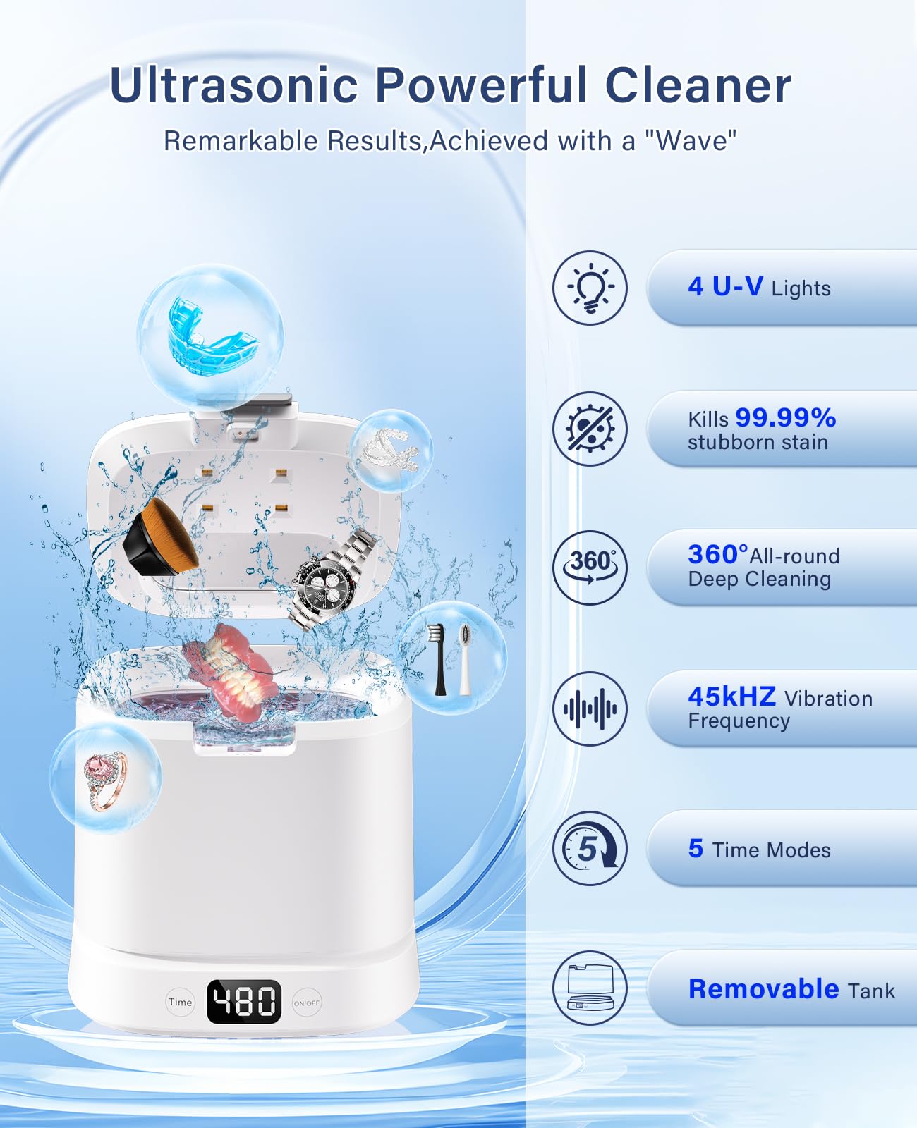 IAULF Ultrasonic Retainer Cleaner Machine, Dental Cleaning Pod, Sonic Retainer Cleaner Machine with Digital Timer for Dentures, Aligners, Braces, Night Guards, Jewelry 45kHz/319ml (White)