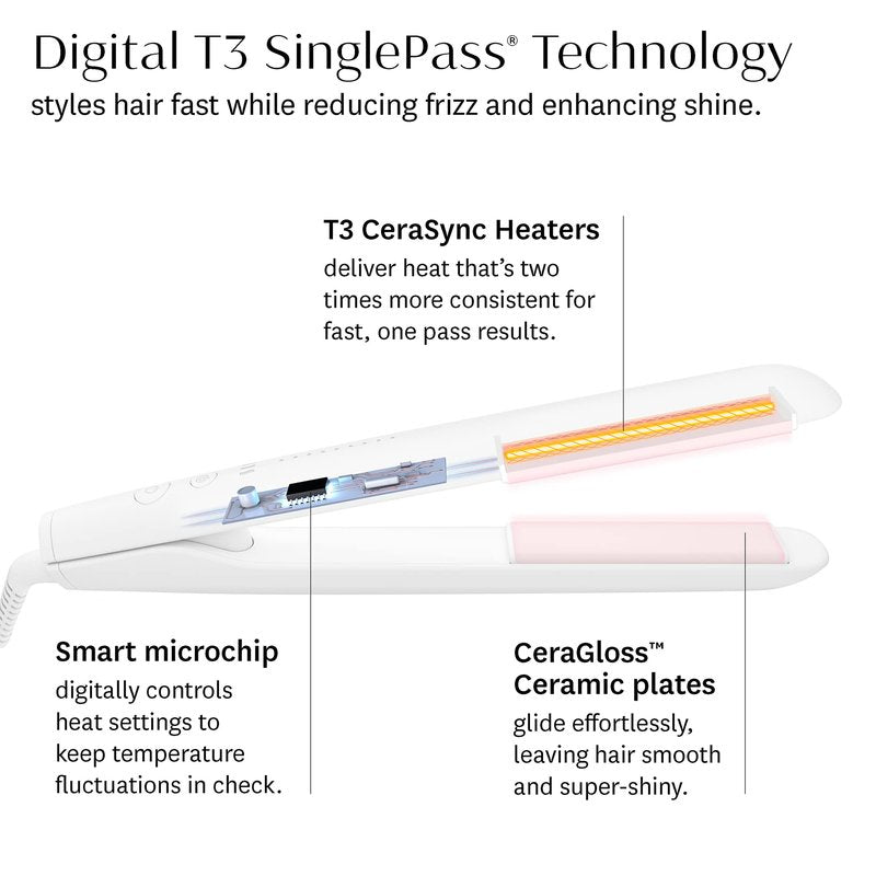 T3 SinglePass StyleMax Professional 1" Ceramic Flat Iron with Custom Heat Automation, 9 Heat Settings, Longer Ceramic Plates, for Straightening, Waving, Curling & Styling