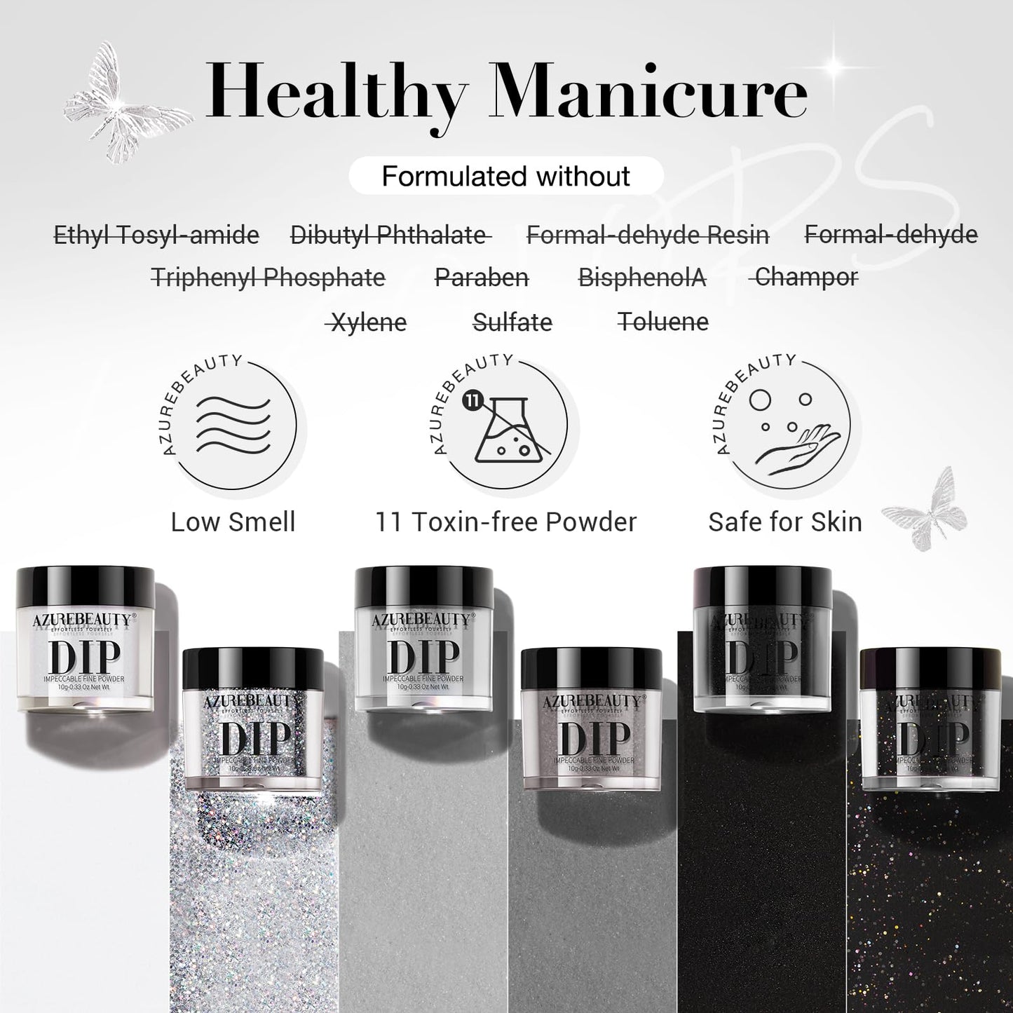 AZUREBEAUTY Dip Powder Nail Basic Set White Black Silver Grey Pure Sparkle 6 Colors All Seasons Dipping Powder Starter Kit French Nail Art Manicure DIY Salon for Women, No Need Nail Lamp Cured