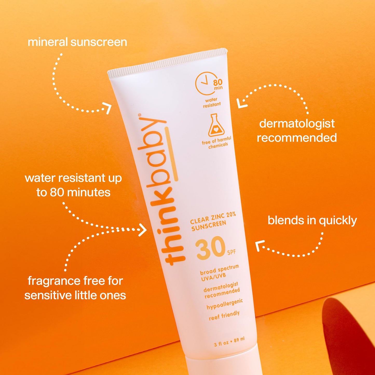 Thinkbaby SPF 30 Mineral Baby Sunscreen, Clear Zinc Oxide, 3 fl oz – Natural, Water Resistant, Kids & Toddler Sun Protection, Reef Safe