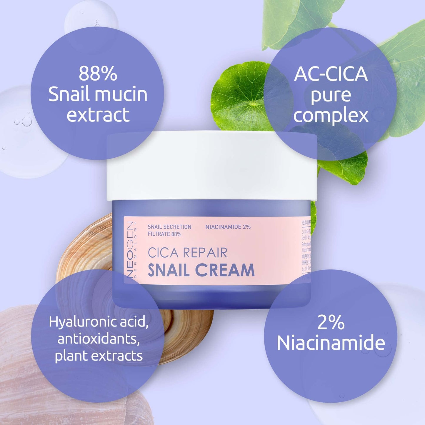 NEOGEN CICA REPAIR SNAIL Line Excellent recovery and soothing effects from CICA PURE COMPELX restores healthy-looking firm skin (Cream)