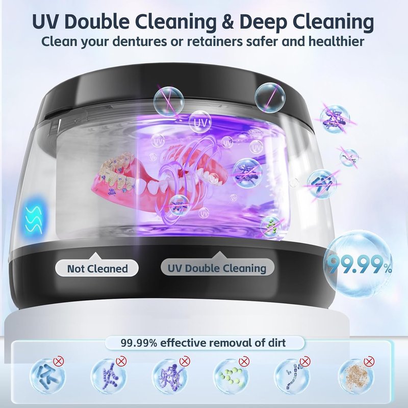 Ultrasonic Retainer Cleaner Machine - 42kHz for Dentures, Aligners & Jewelry | Black