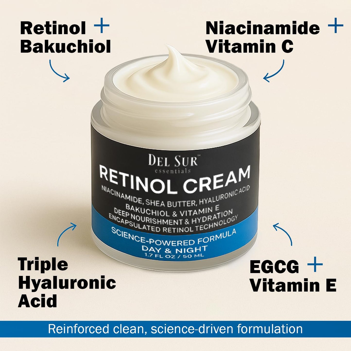Retinol Cream for Face – Gentle Hydrating Moisturizer with Hyaluronic Acid, Bakuchiol & Niacinamide – Lightweight, Non-Greasy Formula for Soft, Smooth, Radiant Skin – Day & Night Use - 50 ml