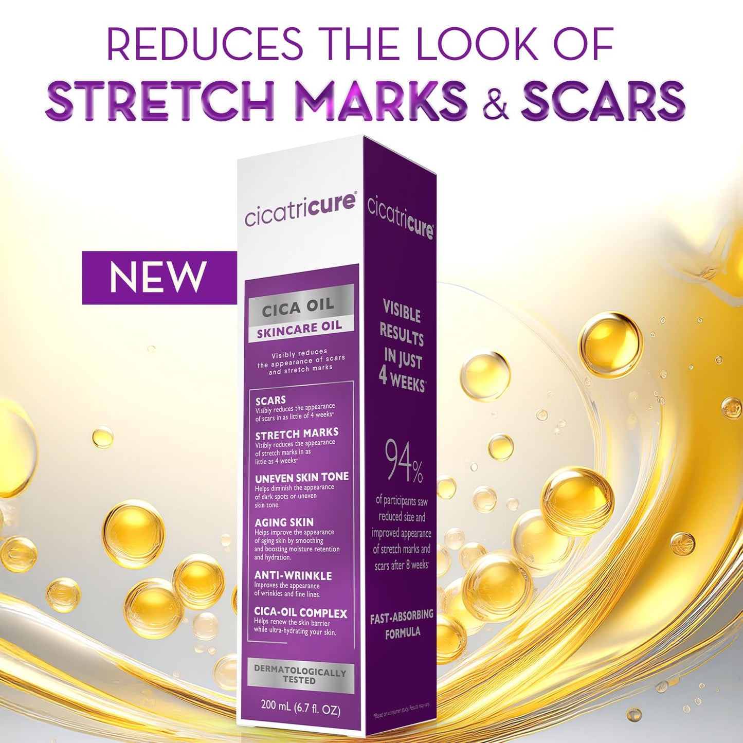 Cicatricure Cica Oil for Stretch Marks & Scars, Visible Results in 4 Weeks, Pregnancy Must-Haves Body Oil with Vitamin E, Stretch Mark Oil, Scar Treatment with Botanical Ingredients, 6.7 fl oz