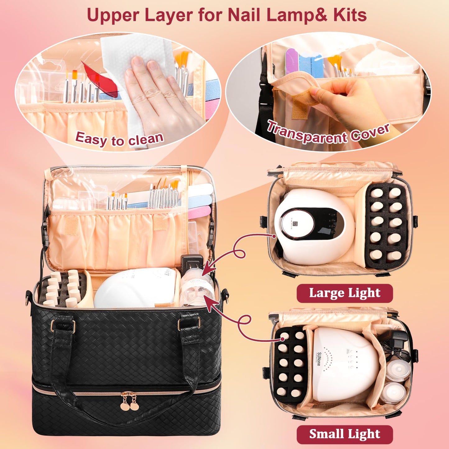 SIYNPAV Nail Polish Organizer Bag Holds 50 Bottles (15ml/0.5 fl.oz)& Nail Lamp, Vegan Leather Nail Kit Storage Case with Holder Staps, Portable Nail Supplies Organizer for Manicure Tools (Black)