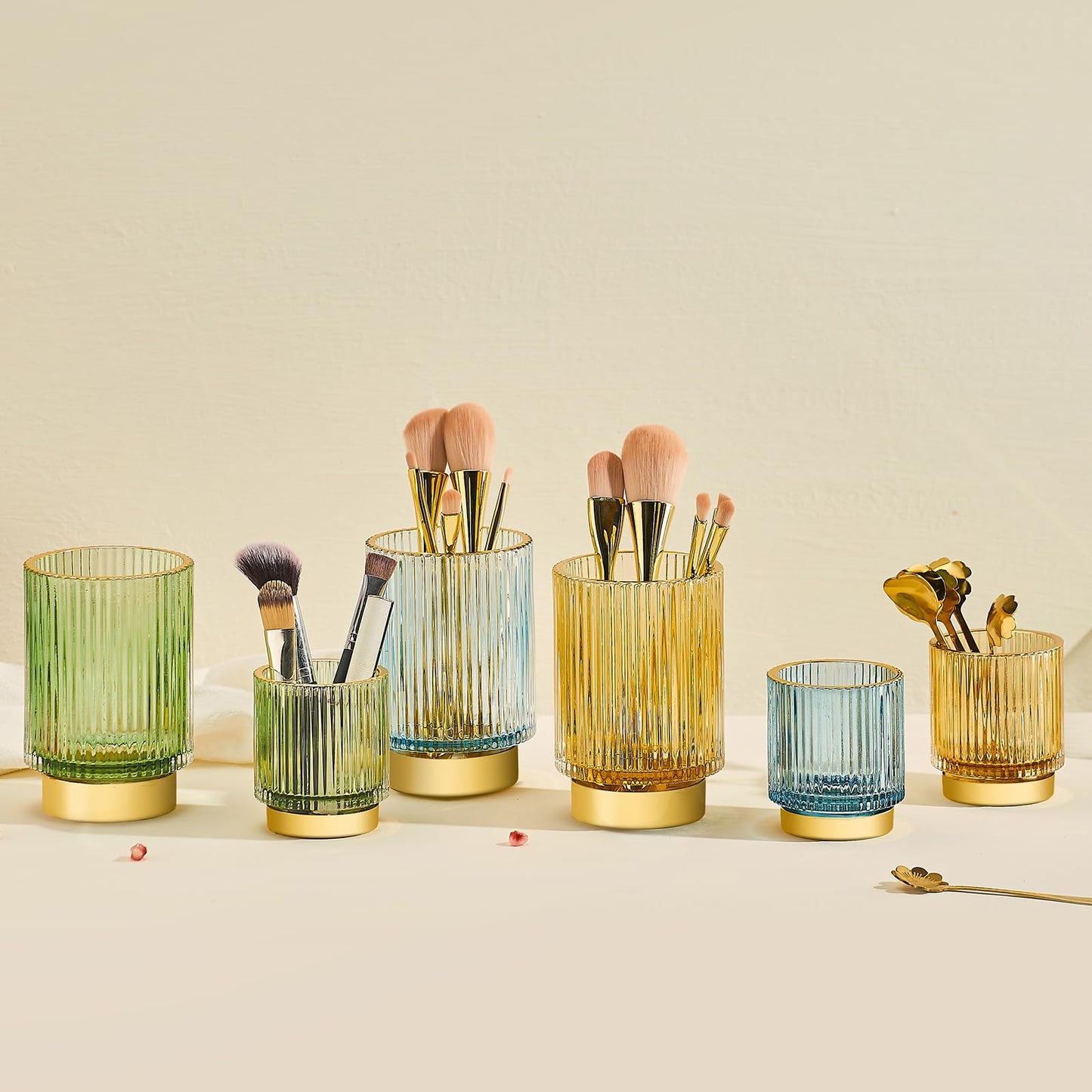 LEICURACE Makeup Brush Holder Organizer,Toothbrush Holders,Desk Pen Pencil Holder,Multifunctional Vintage Glass Brush Cup（S+L/Green/A3-1-US）