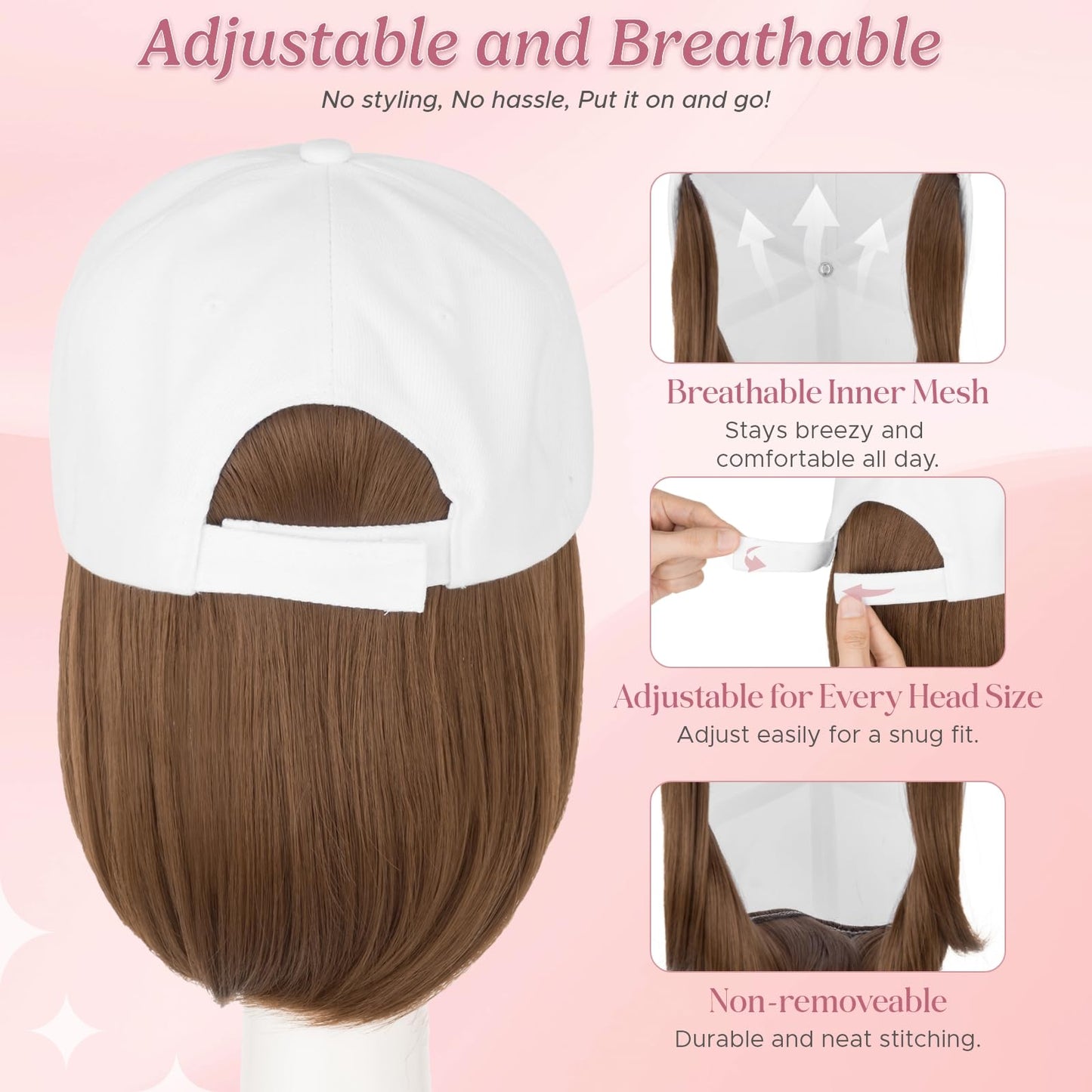 SEGOHAIR Hat Wig for Women Baseball Cap with Hair Extensions 6 Inch Synthetic Straight Hair Adjustable Wig Hat with Attached Hair for Daily Wear,（10, Light Brown）