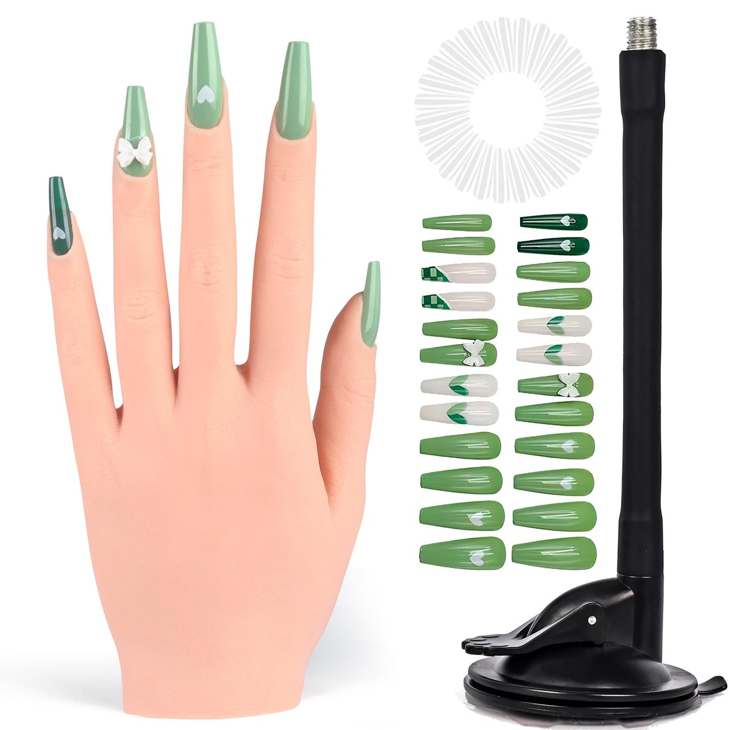Vnmcry Practice Hand for Acrylic Nails Silicone Fake Hands Mannequin Flexible Bendable Manicure Nail Practice Hand with Stand and 528 Pcs Nail Tips