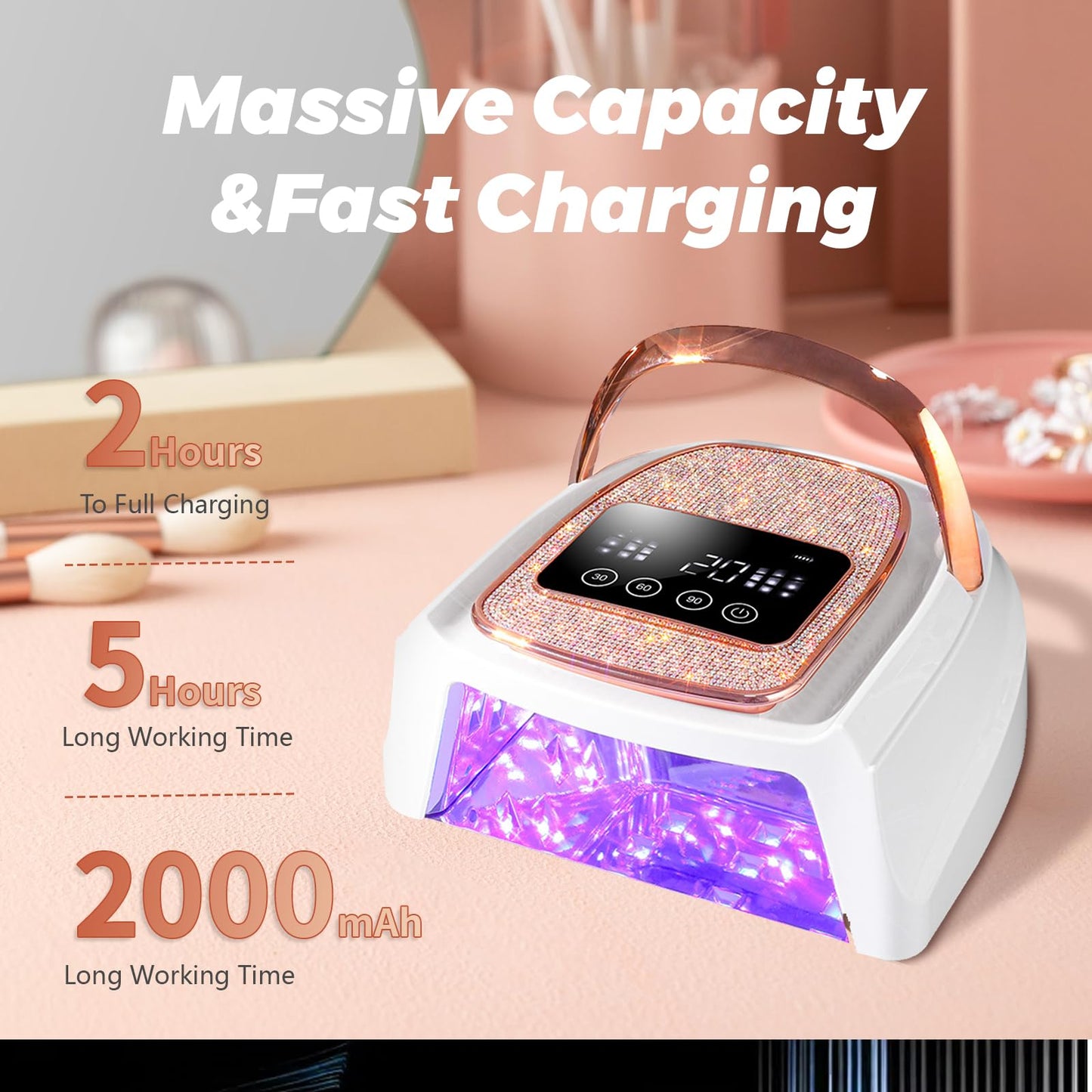 Cordless Rechargeable Nail Lamp 288W, Rechargeable UV Nail Dryer Gel Polish Curing Light with 4 Timers, Knob & Full LCD Display Screen, Magnetic Metal Mirror Base