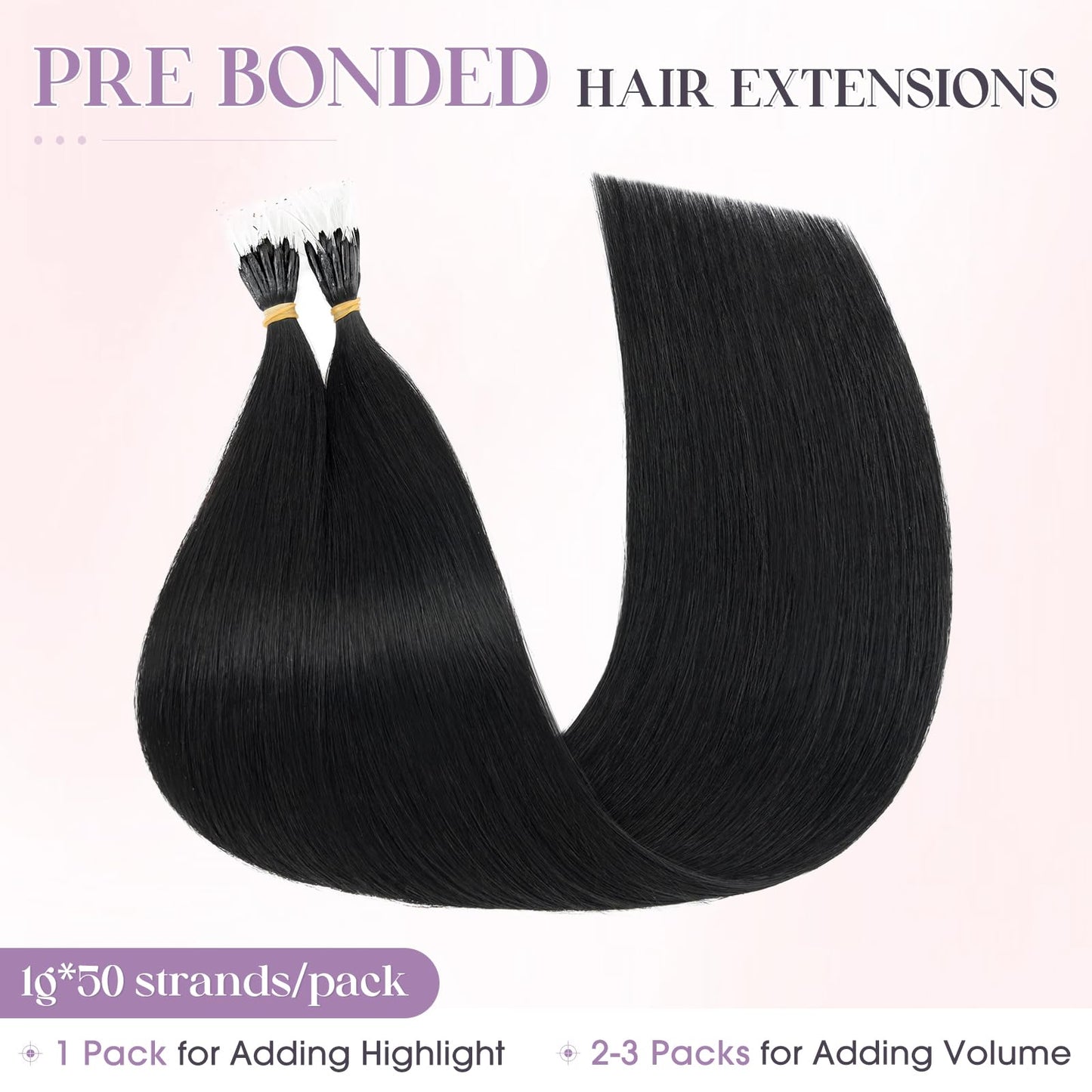 Elailite I Tip Hair Extensions Human Hair Elastic Itip Real Remy Hair Jet Black 22 Inch 50G 50Strands Straight Pre Bonded Keratin Fusion Human Hair Extensions