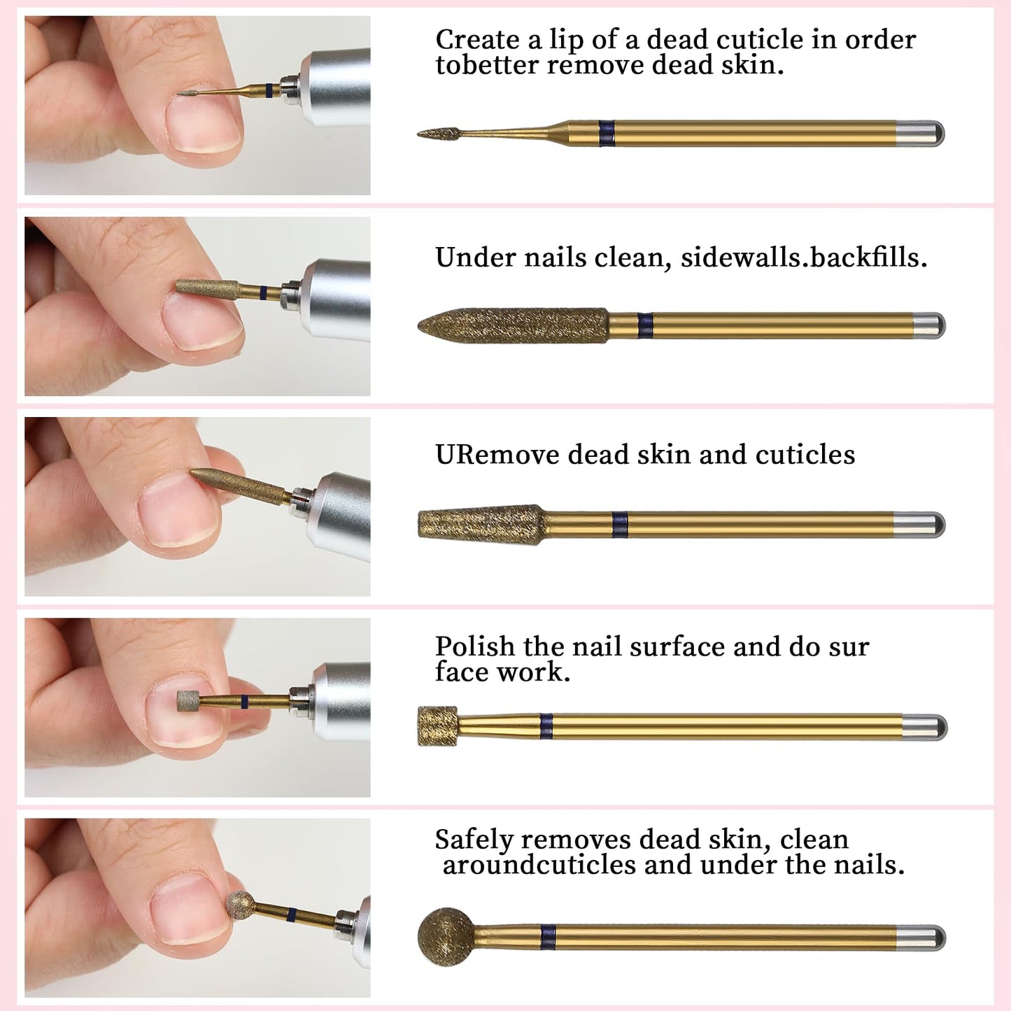 Aruiefxe Nail Drill Bits Set, 5pcs Tungsten Carbide Nail Drill Bits for Acrylic Nails Poly Gel Cuticle Remove, Professional Nail Bits for Nail Drill, Pedicure Tools (PINK-FINE1)