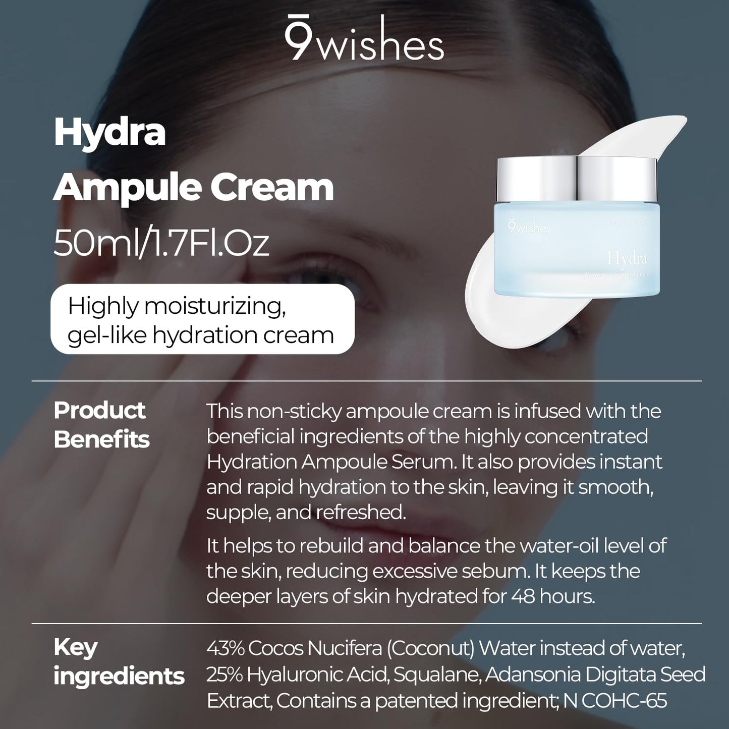 9 wishes Hydra Ampule Cream 1.7Fl. Oz, 50ml Powerful Hydration with Coconut Water - Long Lasting Hydration Facial Moisturizer