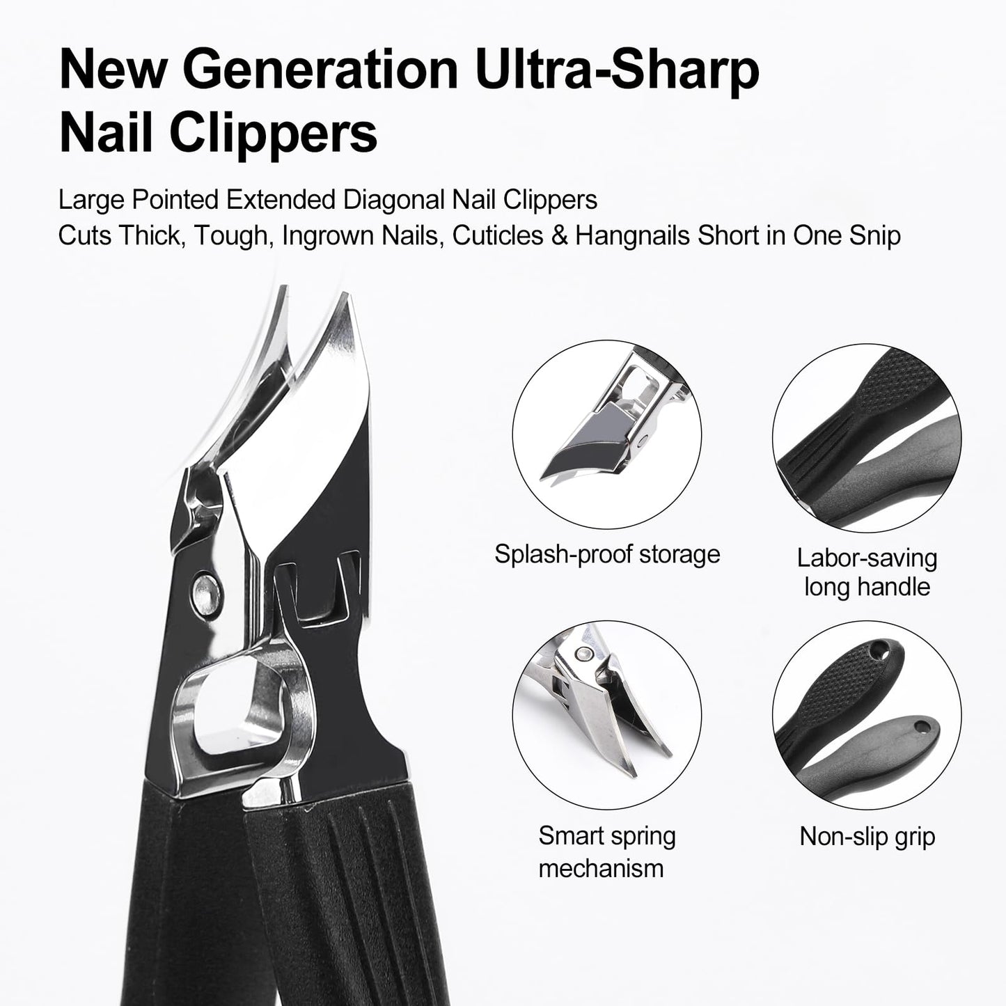 Eagle Beak Nail Clippers for Ingrown & Thick Nails – Beveled/Slanted/Angled Blades, Long Handle Wide Jaw, Anti-Splash Ultra Sharp Stainless Steel Edge 3-Piece Set for Men/Women (Black)