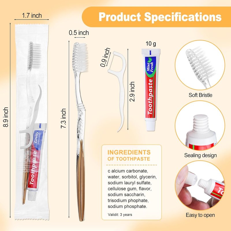 Disposable Toothbrushes with Toothpaste & Floss | 100-Pack Individually Wrapped Dental Kits for Travel & Hospitality