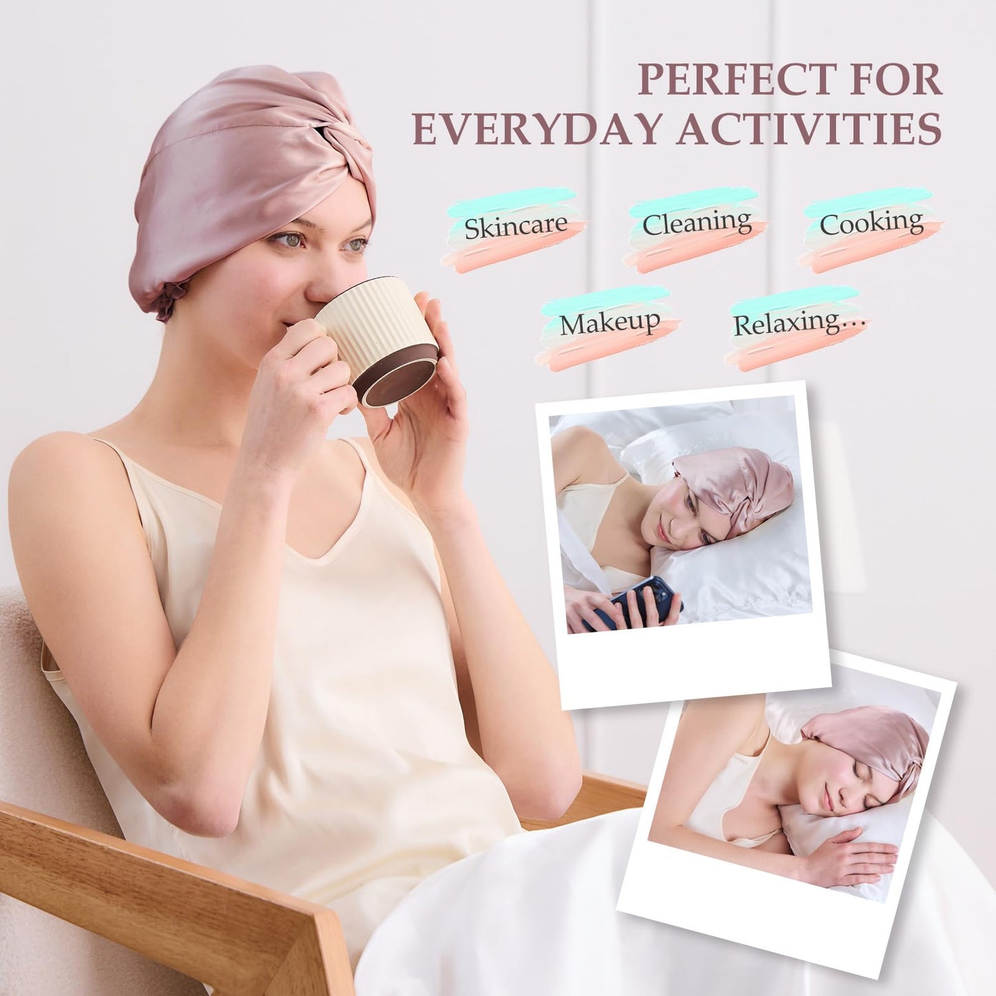 SGMSILK Silk Bonnet for Sleeping Women, 100% Mulberry Silk Sleep Cap with Elastic Band, Real Mulberry Shower Cap on Both Sides, Rose Pink