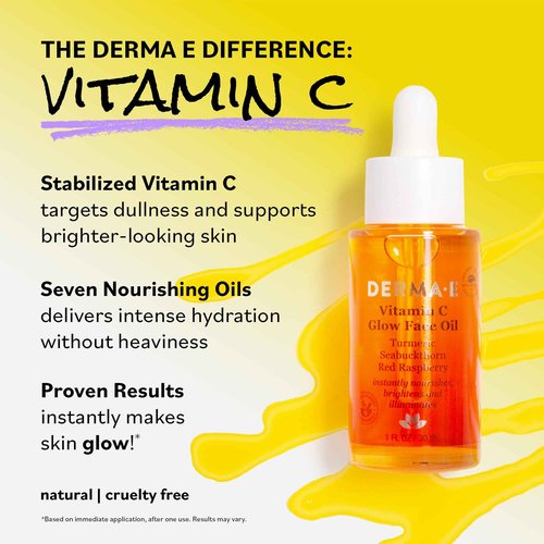 Derma E Vitamin C Glow Face Oil, Facial Oil Nourishes, Brightens and Illuminates for a Radiant Glow, Moisturizing Face Oil with Turmeric, Seabuckthorn and Red Raspberry, 1 Fl Oz