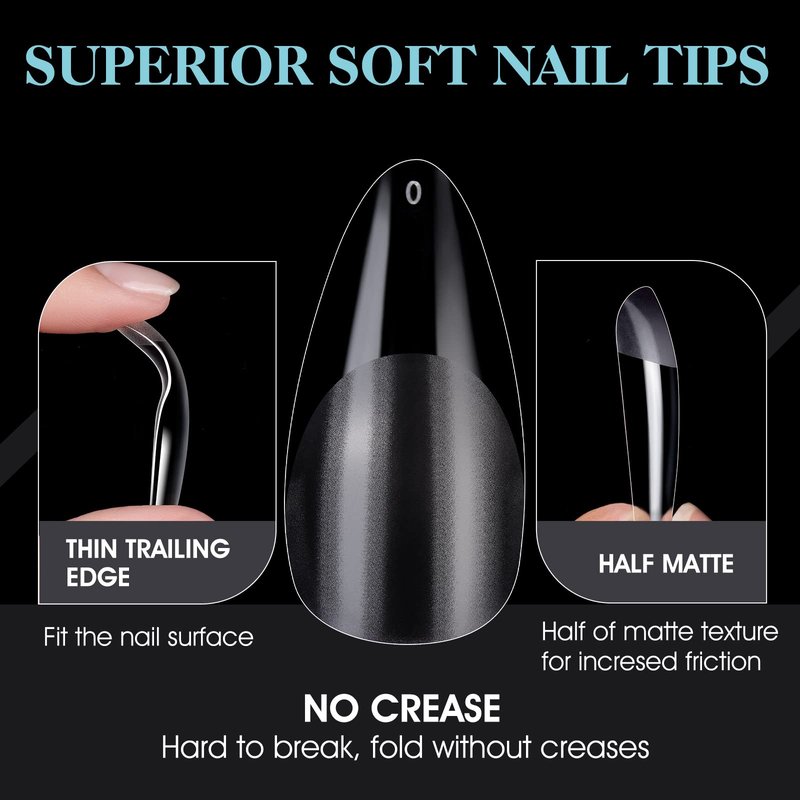 Gelike ec Nail Tips Almond for Salon: 552 Pcs 12 Sizes Medium Soft Gel Nail Tips for Manicure - Easy Use for Beginner DIY Women Girls Gifts - Sumer Nail Tip