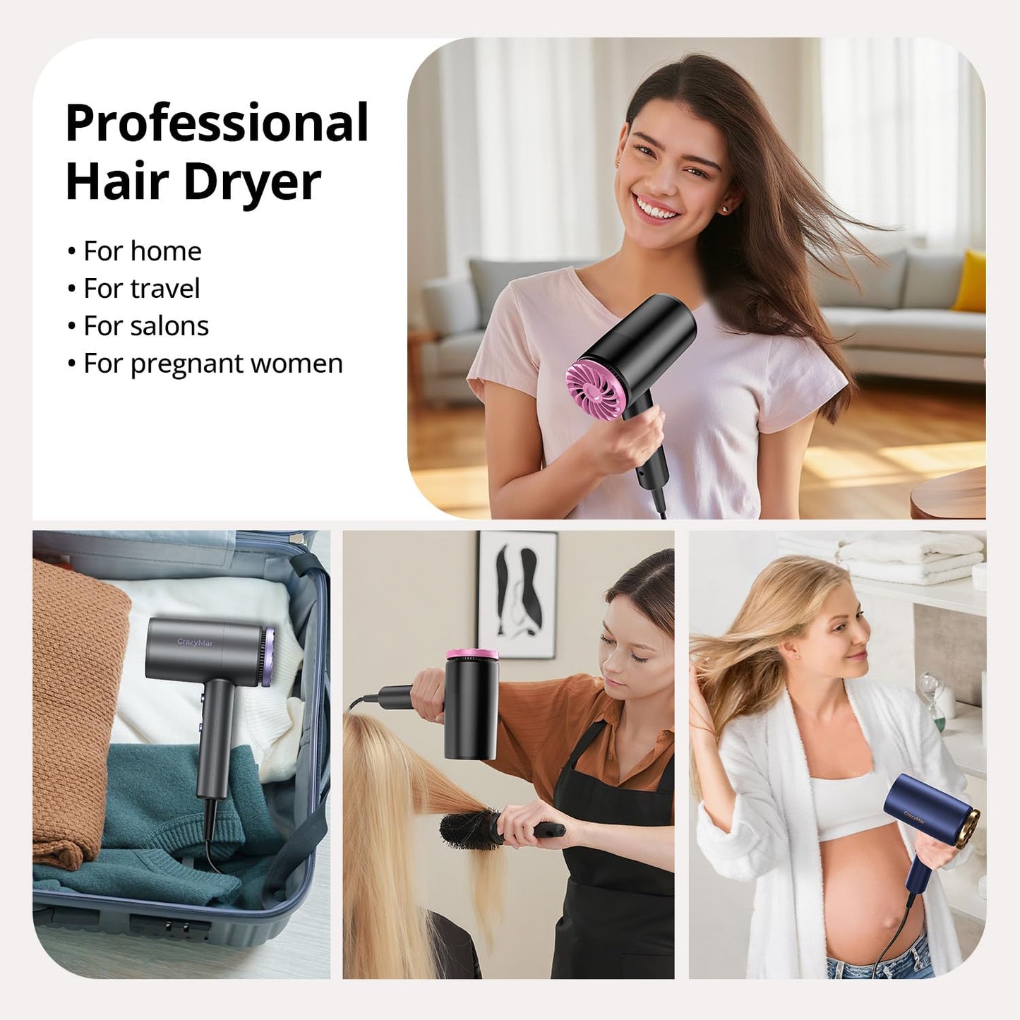 CrazyMar Hair Dryer, 1800W High Speed Blow Dryer for Fast Drying,500 Million Negative Ionic Hair Dryer, No Heat Damage, Lightweight, Blow Dryer with Diffuser for All Hair, Travel, Home (Purple)