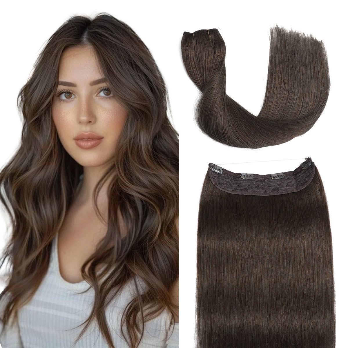 Sindra Wire Hair Extensions Real Human Hair, 4 Medium Brown Invisible Wire Hair Extensions, 14inch 70g Transparent Seamless Fish Line Hairpiece for Women