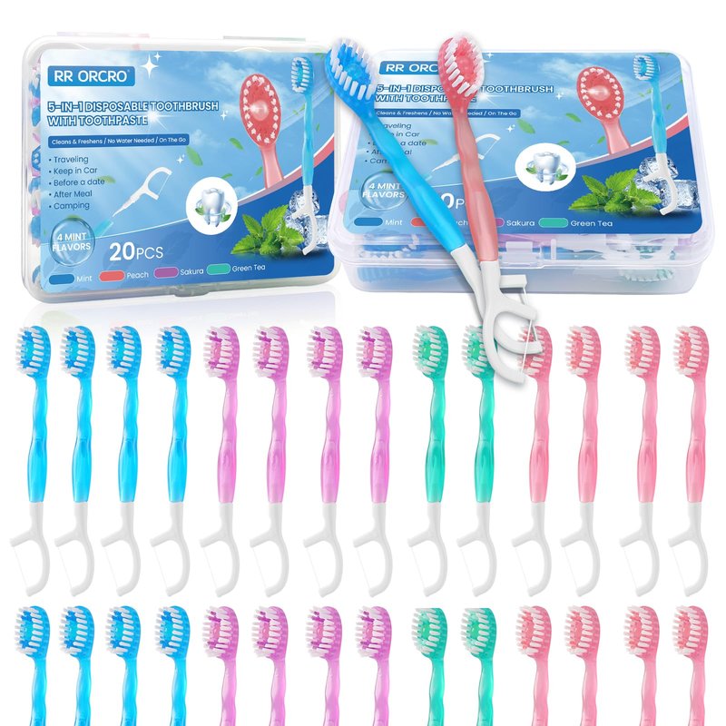 40Pack Mini Disposable Toothbrushes 5-in-1 Portable Pre-Pasted Travel Toothbrush with Toothpaste Tongue Scraper Floss Pick Individually Wrapped Box Small Prepasted Travel Toothbrush for Kids Adults
