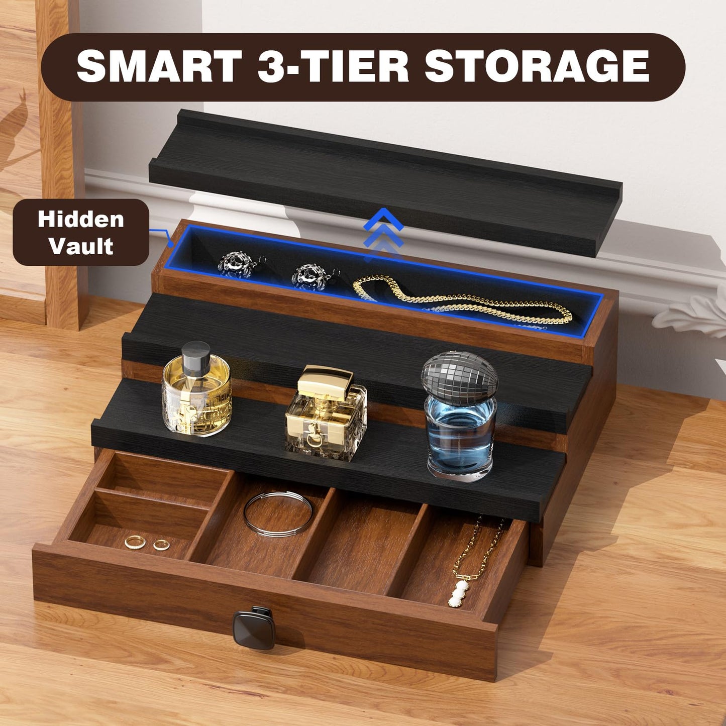 TIRYIUOU Cologne Organizer for Men: with Hidden Vault & Drawer, 3 Tier Wooden Cologne Stand Desktop Perfume Display Shelf, Bedroom Dresser Makeup Lotion Jewelry Storage Organizer ﻿