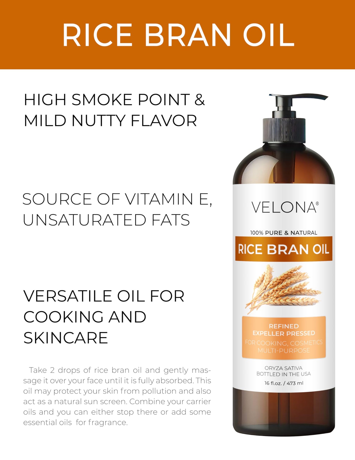 velona Rice Bran Oil 32 Fl Oz | 100% Pure and Natural Carrier Oil | Refined, Expeller Pressed | Cooking, Face, Hair, Body & Skin Care | Use Today - Enjoy Results