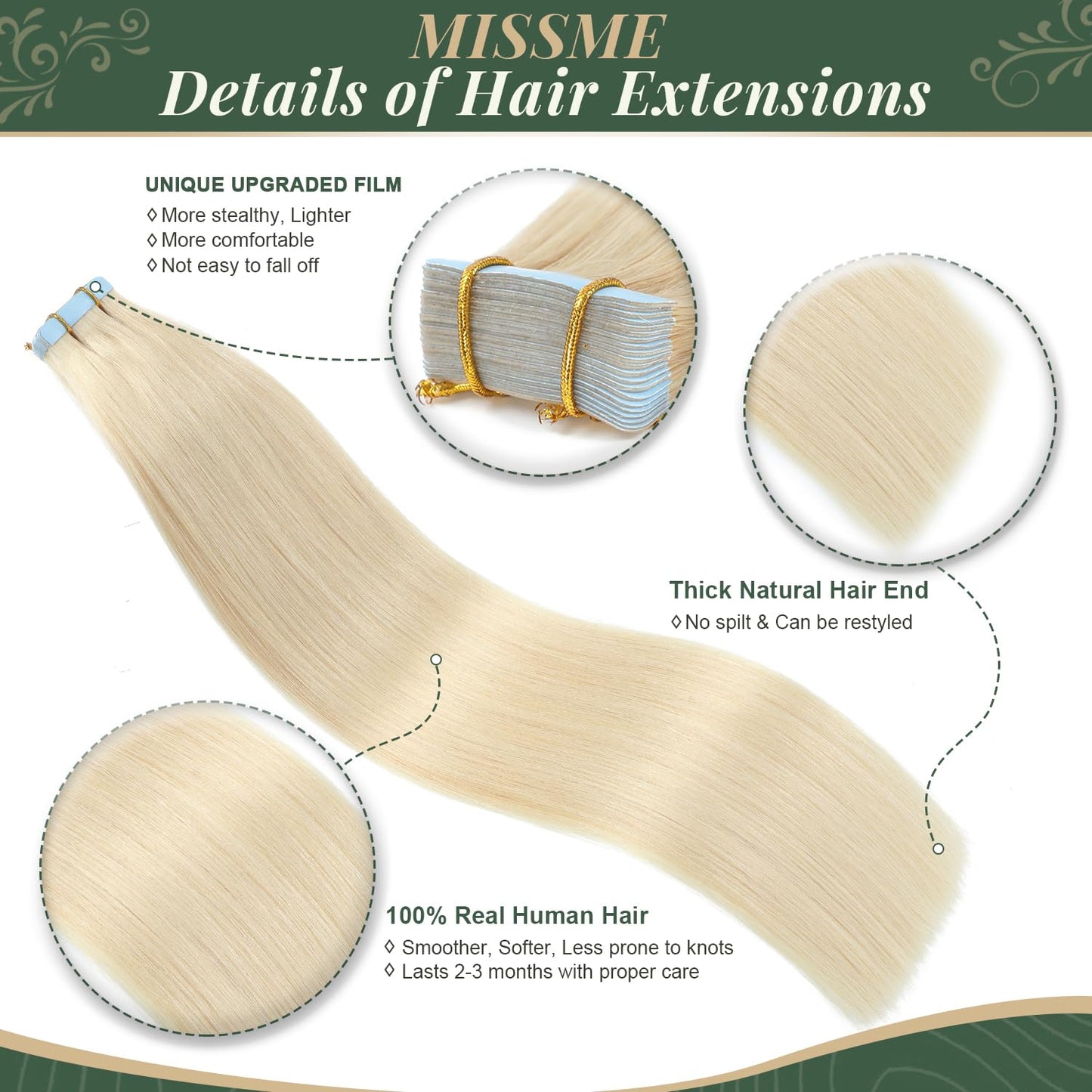 Missme Tape in Hair Extensions Human Hair 16 inch 20 Pcs 40g #60 Platinum Blonde Tape ins Human Hair Extensions Remy Hair Skin Weft Seamless Invisible Silky Straight Thick Ends Add Length