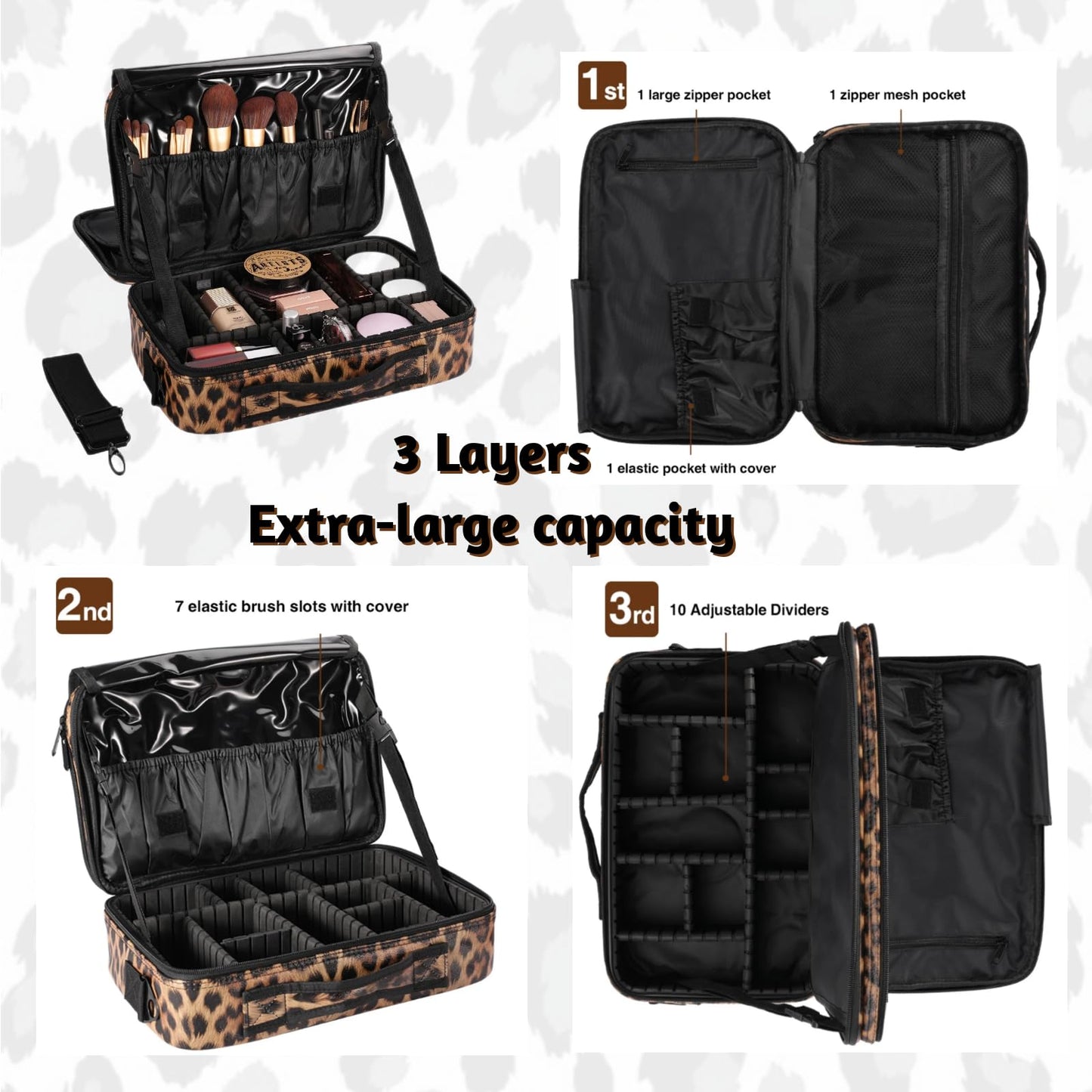 GERYUAEG Makeup Case Large Travel Makeup Bag 3 Layers Cosmetic Train Case Cosmetic Organizer Brush Holder Waterproof Makeup Storage Bag with Adjustable Dividers and Shoulder Strap (Leopard)