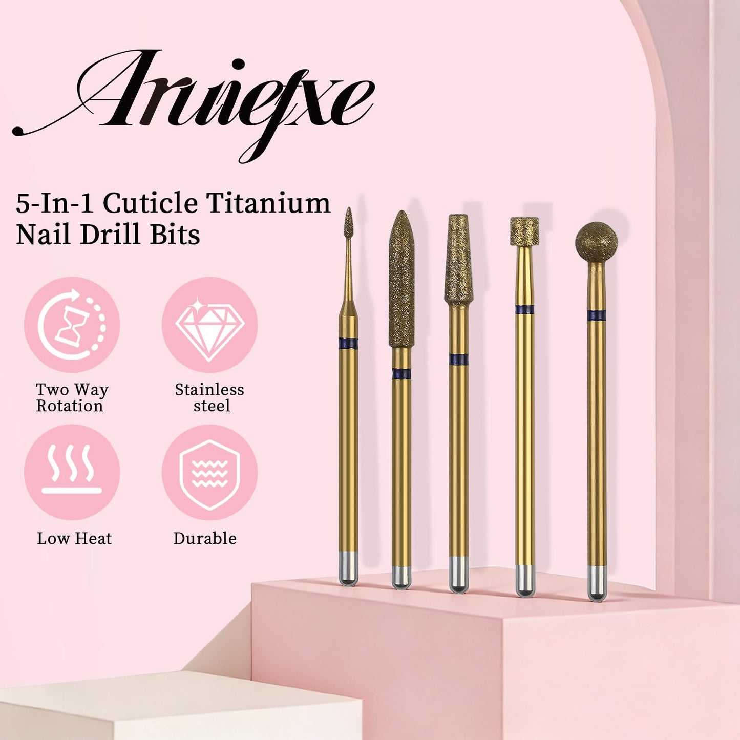 Aruiefxe Nail Drill Bits Set, 5pcs Tungsten Carbide Nail Drill Bits for Acrylic Nails Poly Gel Cuticle Remove, Professional Nail Bits for Nail Drill, Pedicure Tools (PINK-FINE1)