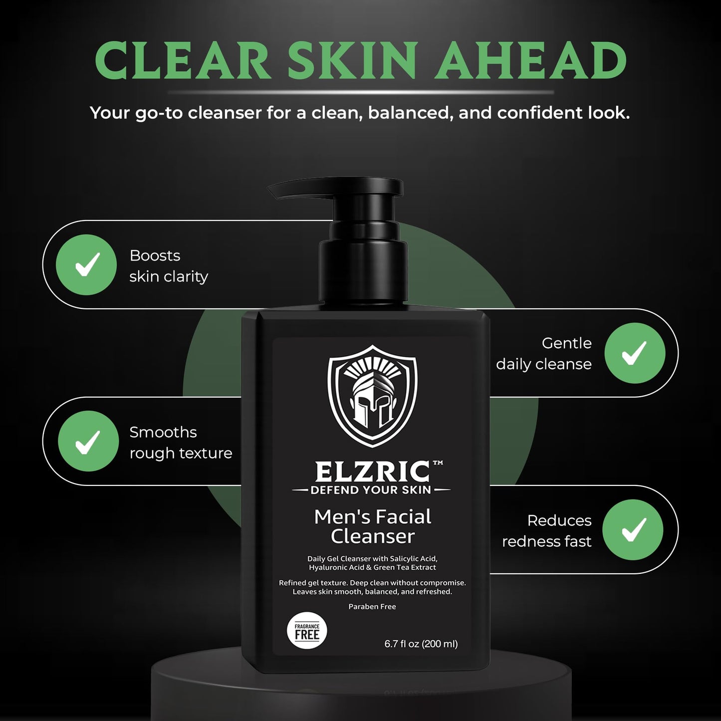 Elzric Men's Facial Cleanser Exfoliating Face Wash for Oily, Breakout-Prone and Sensitive Skin Deep Cleansing with Salicylic Acid, Green Tea, Hyaluronic Acid and Amino Acids Daily Face Wash for Men