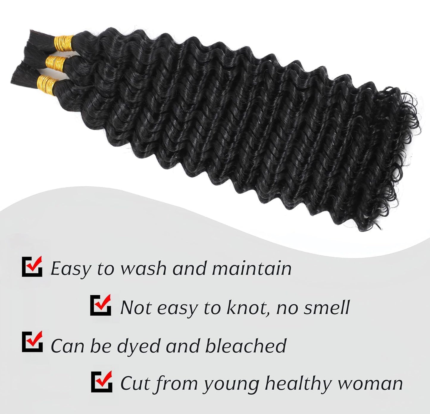 Human Braiding Hair - 16 Inch Deep Wave Bulk Extensions for Boho Braids | 100% Virgin, Knotless, Natural Color, 3 Bundles