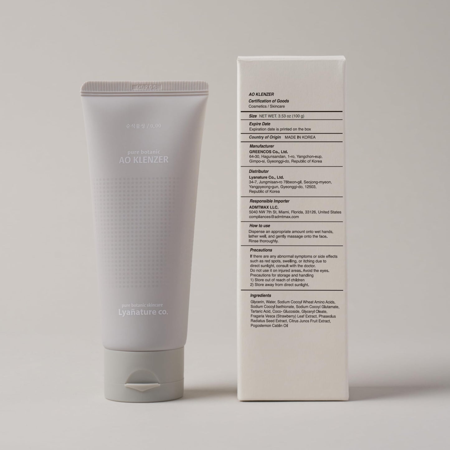 Lyanature AO KLENZER – Organic Korean Face Wash, Vegan Facial Cleanser, Gentle pH-Balanced All-Natural Cleansing Foam, Non-Toxic & Paraben-Free, Korean Moisturizer Skincare (3.53 oz / 100g)