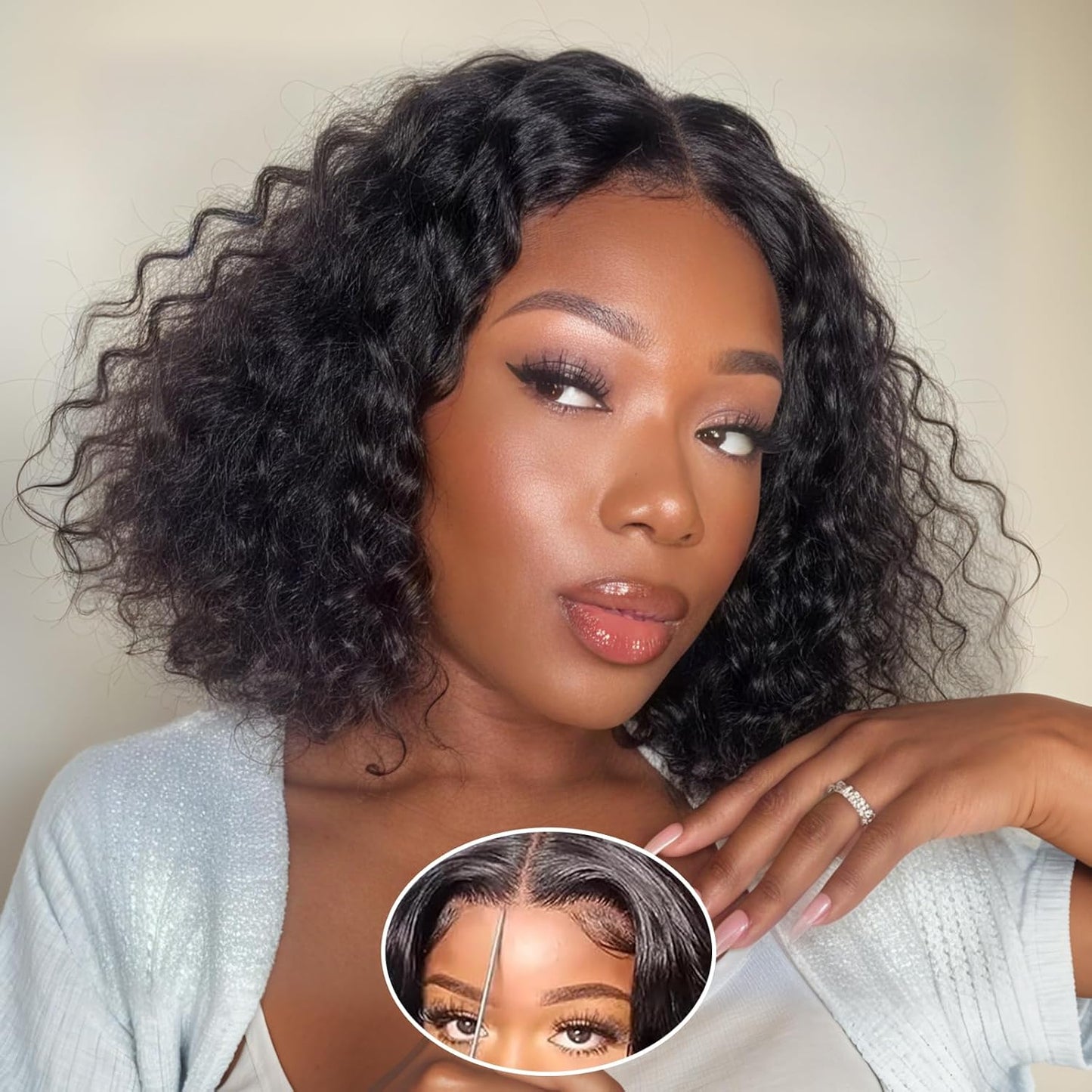Glueless Human Hair Bob Wig - Pre Plucked Deep Wave Lace Closure | 8-Inch Curly Wig for Black Women