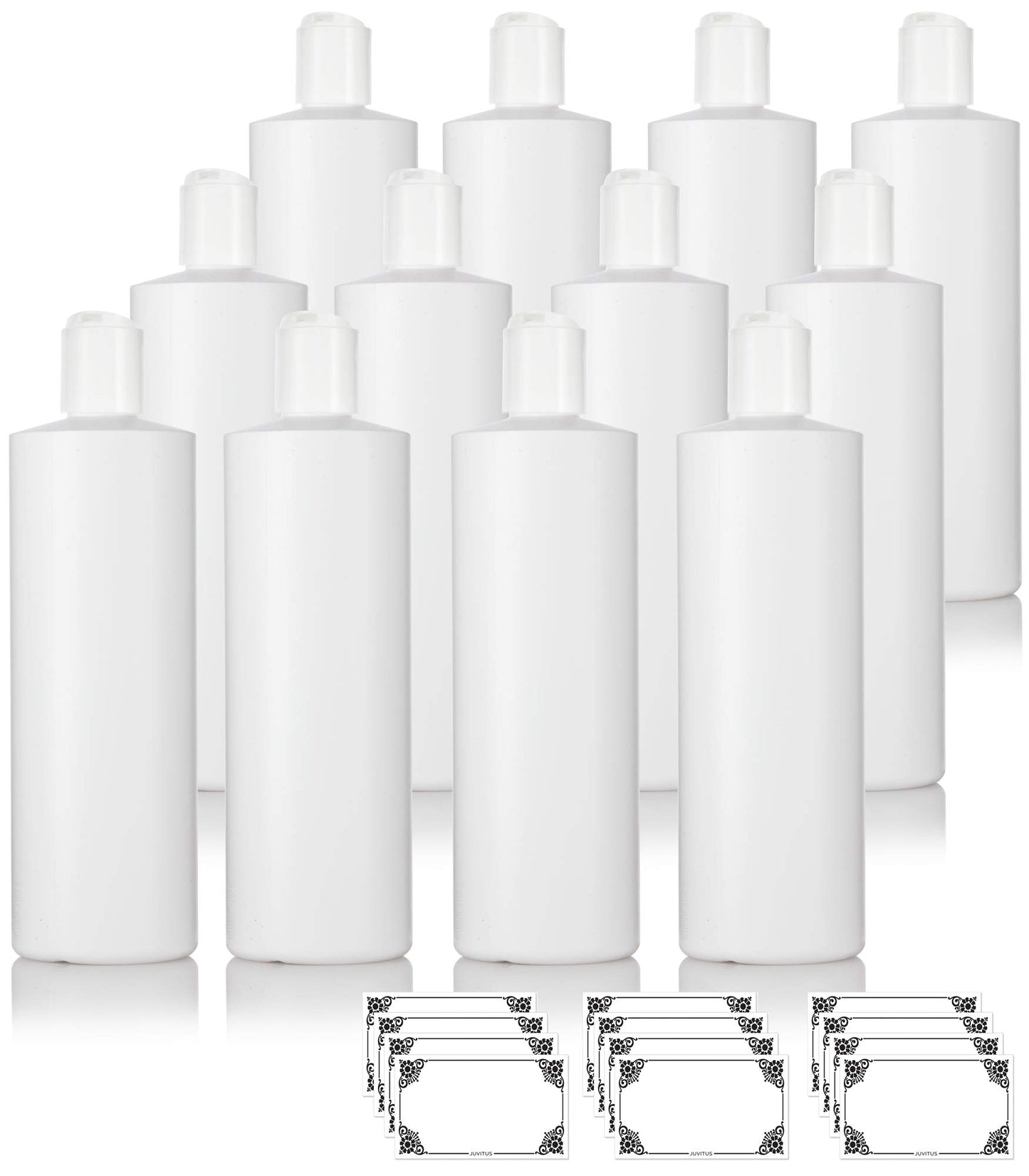 JUVITUS (12 Pack) 16 oz White Plastic Squeeze Bottles with White Disc Caps