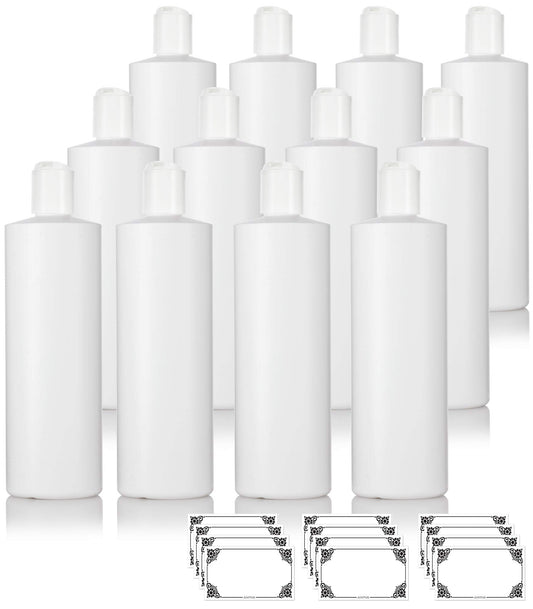 JUVITUS (12 Pack) 16 oz White Plastic Squeeze Bottles with White Disc Caps