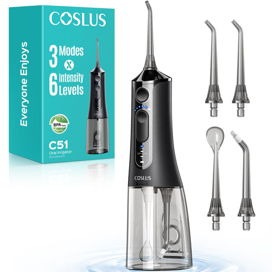 COSLUS ADA Accepted C51 Portable Water Flosser for Teeth: 3 Modes & 6 Pressure Settings with Jet Mode Water Dental Pick for Orthodontic, Braces, Sensitive Gums, Compact for Travel, for Multiple Users