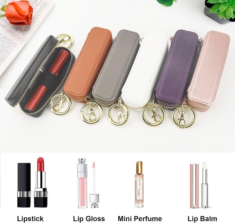 Leather Lipstick Case Holder - Zipper Lip Balm & Gloss Pouch for Purse | Makeup Travel Organizer (White)